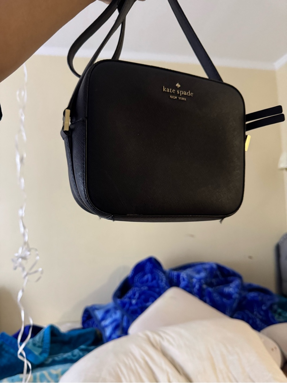 kate spade black saffiano crossbody camera bag with gold logo